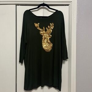 Women's Olive Green Reindeer Sequin Long Sleeve Casual Tunic Top Shirt